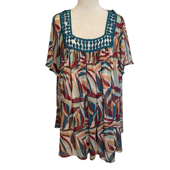 Lane Bryant Square-Neck Boho Top Womens Size 14/16 Teal Brown & Burgundy Leaf - Picture 2 of 9